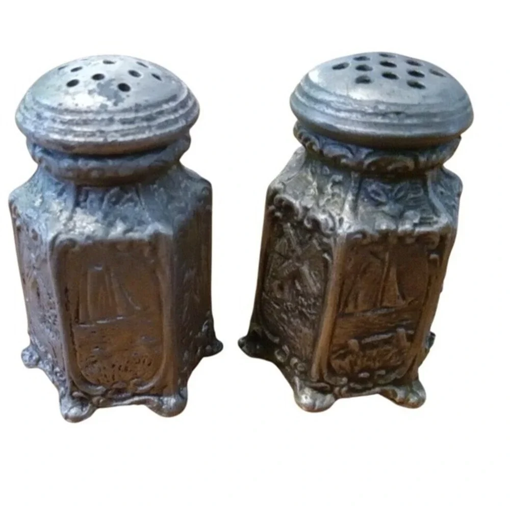 Salt & Pepper Shakers #2311 Sailboat Windmill Church Silver Vintage W.B. Metal